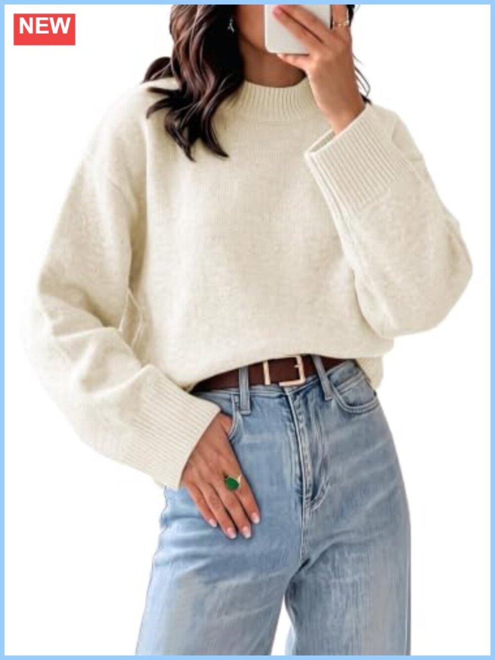 Mock Neck Oversized Knit Pullover Sweater Batwing Sleeve